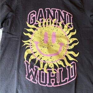 GANNI Women Black Graphic Tee with Yellow & Pink Sun Design